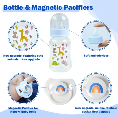 Vista 4 de SCOM Juego de Accesorios para Muñeca Bebé Reborn - Chupetes Magnéticos Arcoíris y Biberones para Muñeca Bebé Removibles Reutilizables con Clips