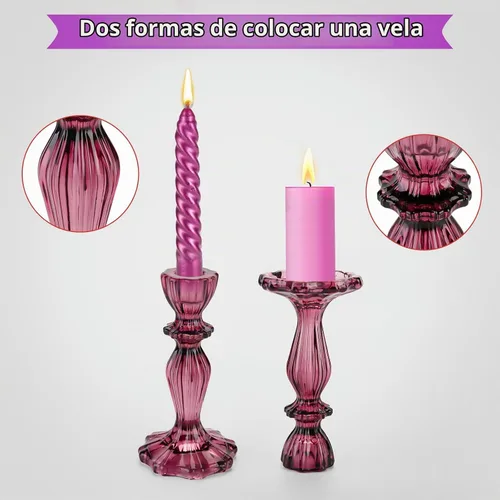 Vista 3 de Portavelas de cristal, 2 portavelas de base ancha, soporte decorativo para velas, centros de mesa para Halloween, Navidad, boda, fiesta de Morado