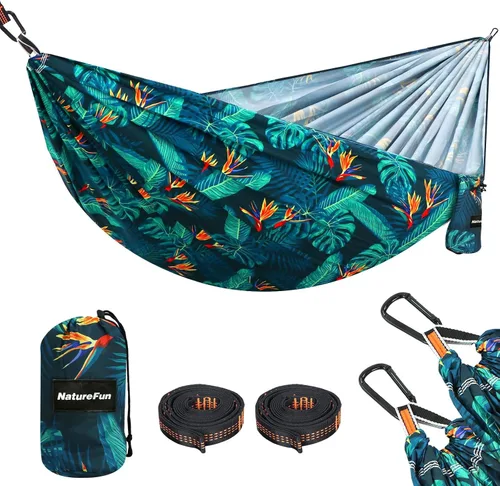 Vista 25 de NATUREFUN Hamaca ultraligera para viajes y camping Capacidad de carga de 300 kg, transpirable, de secado rápido Incluye 2 mosquetones premium, 2