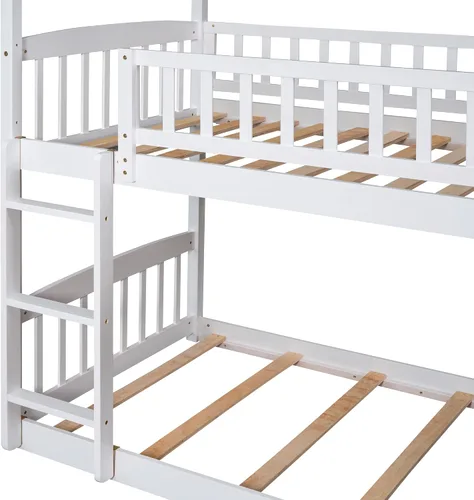 Vista 9 de Harper & Bright Designs Literas de casa para niños con tobogán, marco de litera de madera individual sobre cama individual con escalera