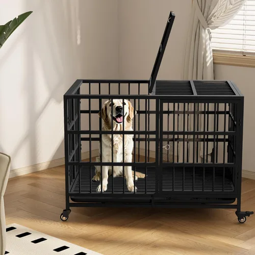 Vista 9 de Jaula para perros resistente de 48 pulgadas, resistente a la corrosión, plegable de metal XXXL con base ensanchada, pestillo mejorado, bandeja