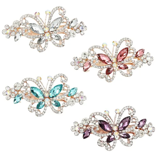 Vista 11 de inSowni Paquete de 4 Pasadores de Cabello Franceses de Metal de Lujo con Purpurina Brillante, Gemas Enjoyadas, Cristales con Diamantes de Imitación
