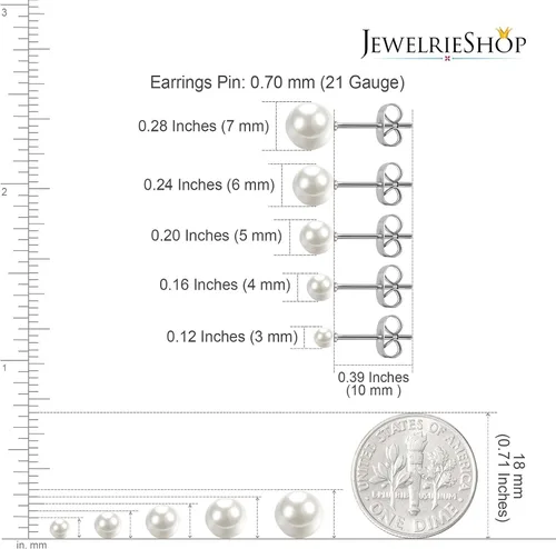 Vista 3 de Jewelrieshop Faux Pearl Stud Earrings 5 Pairs Stainless Steel Hypoallergenic Starter Set for Women Girls