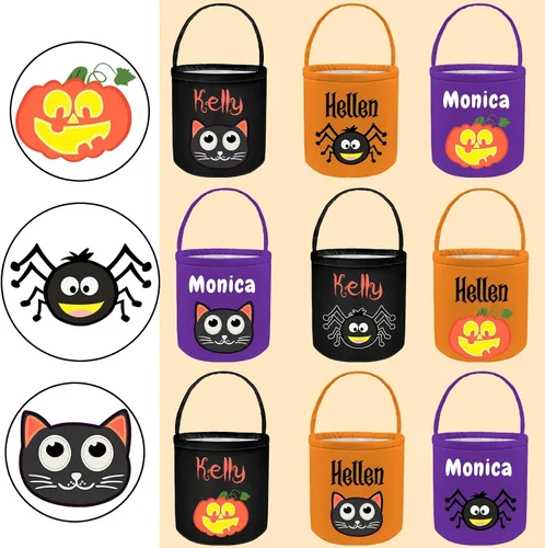Vista 4 de Cubo de Halloween personalizado con nombre personalizado para trucos o tratos, bolsa de dulces personalizada para niños, bolsas de lona grandes