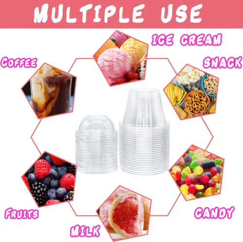 Vista 5 de Tiaiidi Vasos de plástico transparentes con tapas, 6 onzas - Juego de 50 Mini vasos de postre con tapas de cúpula (sin agujero), vasos desechables