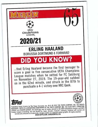Vista 2 de ERLING HAALAND 2020-21 Topps Merlin UEFA Champions League UCL Tarjeta de fútbol #65 Noruega Manchester City