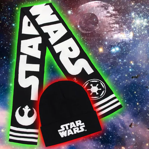 Vista 4 de Star Wars Galactic Empire Rebel Alliance - Juego de bufanda y gorro de punto cálido para invierno, Negro