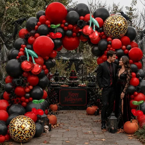 Vista 8 de Kit de arco de globos rojos y negros, guirnalda de globos con estampado de guepardo y cereza para cumpleaños, novia, baby shower, despedida de Negro