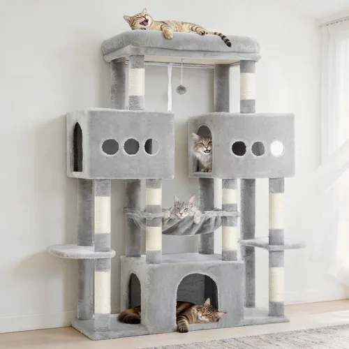 Vista 8 de Hey-brother Torre de árbol para gatos, postes rascadores de sisal grande con plataforma grande, 3 amplios condominios, hamaca de felpa, juguete