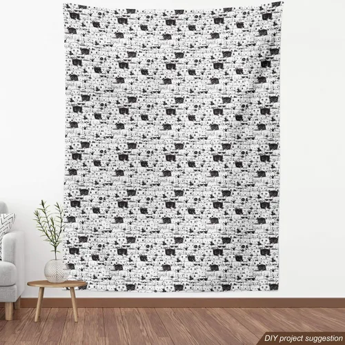 Vista 4 de Lunarable Tela de gato por The Yard, Doodle Kitty Faces Funny Hipster Animal Heads Humor Comic Whiskers Meow Theme, tela decorativa para tapicería