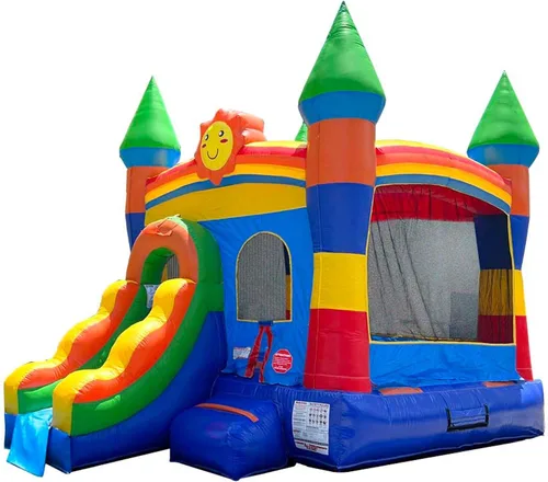 Vista 9 de Pogo Bounce House Crossover inflable con tobogán sin soplador, arcoíris sonriente 18 x 12 x 14.5 Foot Bounce House Combo Waterslide with