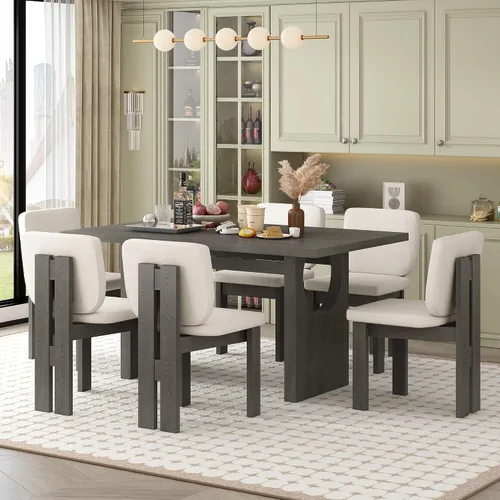 Vista 22 de JIVOIT Farmhouse - Juego de mesa de comedor de 6 piezas, juego de cocina de madera con caballete rectangular y 4 sillas tapizadas y banco para Gris