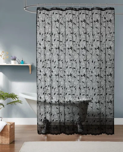 Vista 2 de ASATEX Cortina de ducha de encaje semitransparente gris. Cortina de baño romántica con patrón de hojas florales de 36 x 72 pulgadas. Haz que el baño