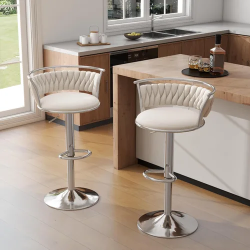 Vista 35 de Juego de 2 taburetes de bar giratorios de 360°, silla de bar de terciopelo ajustable a altura de mostrador moderna, taburete de metal plateado