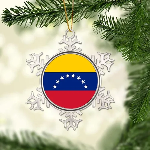 Vista 2 de Adorno de copo de nieve de Venezuela, bandera de Venezuela, bandera de las naciones, adornos de metal, recuerdo, regalo, adornos colgantes