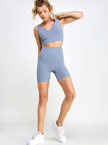 Vista 2 de Conjuntos de entrenamiento para mujer, 2 piezas, sin costuras, acanalada, sin costuras, brasier deportivo, pantalones cortos de cintura alta, trajes