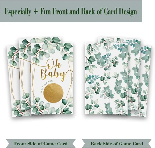 Vista 4 de Juego de rascar para baby shower, Oh Baby Eucalyptus Neutral Boy Girl Lucky Draw Card para actividades de fiesta, decoraciones y suministros Juego