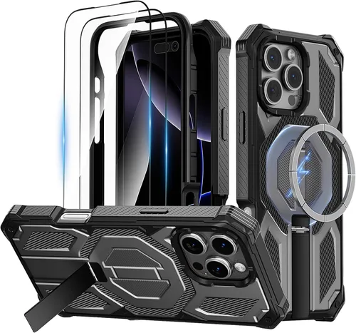 Vista 23 de Funda magnética para iPhone 15 con soporte y protector de pantalla [compatible con Magsafe] antideslizante, cuerpo completo, doble capa, resistente