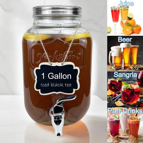 Vista 5 de Despachador de bebidas de vidrio de 1 galón para fiestas, paquete de 2, dispensador de jugo, limonada, té helado y agua con soporte, dispensadores