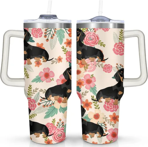 Vista 9 de Dachshund - Vaso de viaje aislado de acero inoxidable de 20 onzas con asa y pajilla, regalo para mujer, para el Día de la Madre, a prueba de fugas