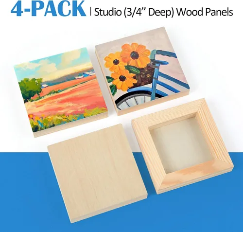 Vista 6 de Falling in Art Kit de paneles de madera de abedul sin terminar para pintura, lienzo de madera, paquete de 4 unidades de 4 x 4 pulgadas de estudio