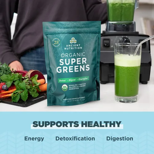 Vista 7 de Ancient Nutrition Proteína en polvo de péptidos de colágeno múltiple, sin sabor, 100 porciones + polvo orgánico Supergreens, sin sabor, 50 porciones