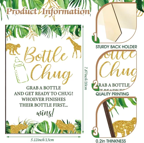 Vista 3 de TrelaCo Safari Cool Baby Shower Games Bottle Chug Sign Wooden Jungle Animals Set de regalo para revelación de género suministros de fiesta y 12