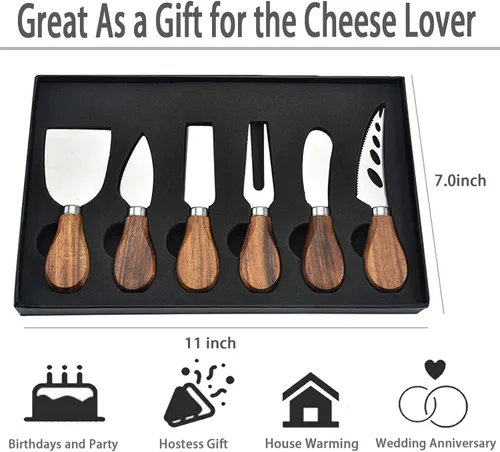 Vista 7 de Juego de cuchillos de queso, colección de cuchillos de queso de acero inoxidable de 6 piezas con cortador de queso, tenedor de queso, cuchillo
