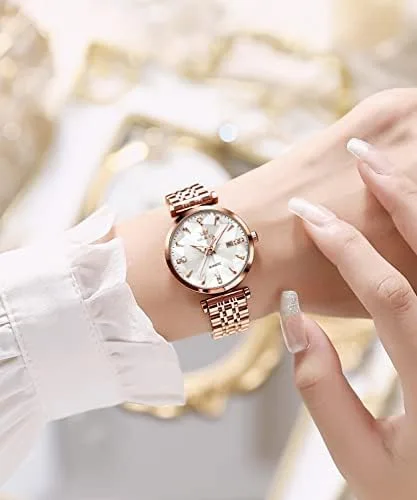 Vista 7 de OLEVS Relojes de mujer Vestido simple Reloj de mujer Reloj de acero inoxidable de oro rosa Reloj impermeable de cuarzo con fecha de lujo