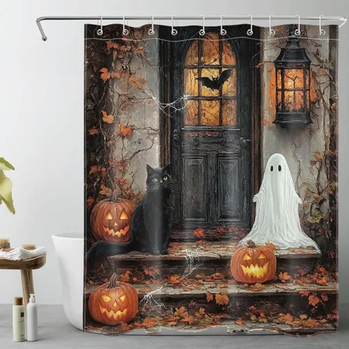 Vista 33 de HVEST Cortina de ducha con ganchos, calabaza espeluznante y fantasma con sombrero de bruja negro, juego de cortina de ducha naranja con flores