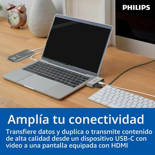 Vista 4 de Philips Concentrador multipuerto USB-C, con pantalla HDMI 4K, 10bps y 2 puertos de datos USB-A de 5 Gbps, entrega de energía de 100 vatios, conector