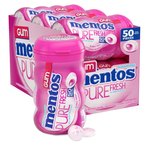 Vista 19 de Mentos Chicle Pure Fresh sin azúcar con xilitol, gaulteria, a granel, botella de 50 piezas (paquete de 6) Goma de mascar, perfecta para un aliento