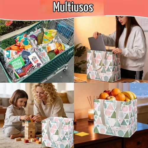 Vista 2 de VENO Paquete de 4 bolsas de comestibles reutilizables de Navidad, bolsas de compras resistentes con asas, para carrito de compras con parte inferior