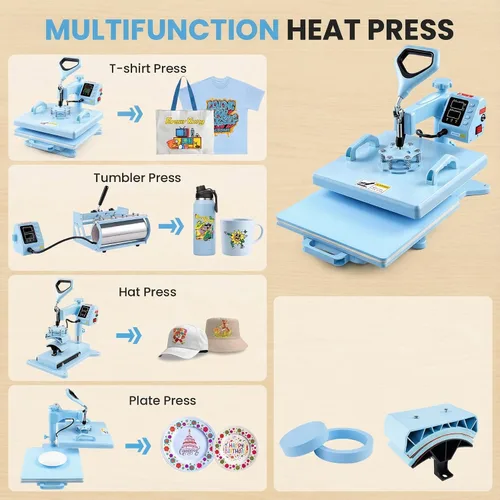 Vista 3 de Prensa de calor mejorada de 15 x 15 pulgadas, máquina de prensa de calor 5 en 1 con prensa para vasos, tazas y sombreros, prensa digital de camisas