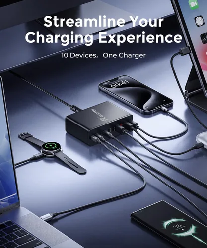 Vista 4 de Estación de carga USB C Roruite de 10 puertos con 4 cables, bloque de Negro