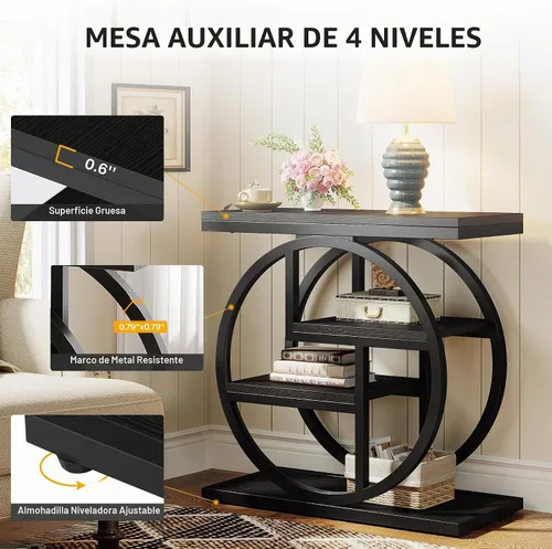 Vista 6 de Tribesigns Mesa auxiliar negra para sala de estar, mesa auxiliar estrecha de 4 niveles con estantes de almacenamiento, mesita de noche moderna