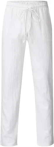 Vista 6 de Pantalones de lino para hombre, ajuste delgado, pantalones casuales de lino para hombre, piernas rectas, cordón elástico, cintura suelta, pantalones