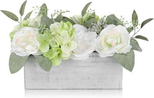 Vista 9 de DILATATA Arreglo floral con jarrón de madera, flores artificiales de 10 pulgadas en maceta, flores falsas en jarrón rectangular de madera blanco