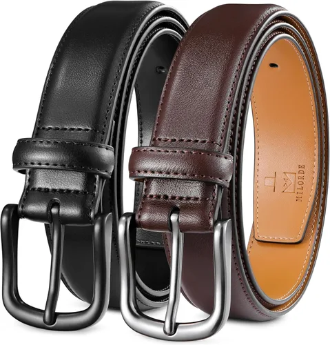 Vista 9 de MILORDE Cinturón de vestir de cuero para hombre, 2 unidades, hecho a mano, cuero genuino, diseños clásicos y modernos para el trabajo, negocios