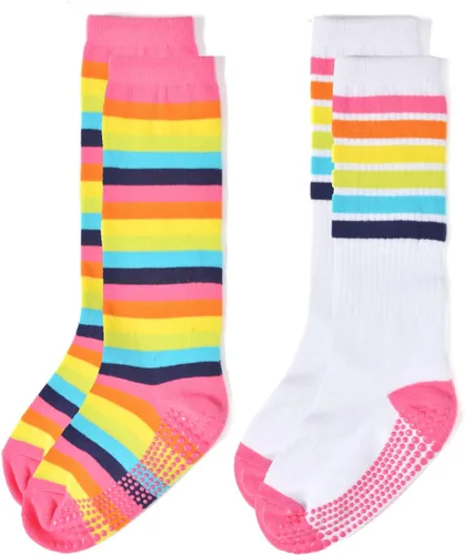 Vista 2 de EPEIUS Calcetines altos a la rodilla con rayas arco iris para bebé, medias de tubo antideslizantes, calcetines de fútbol para niños pequeños y niños