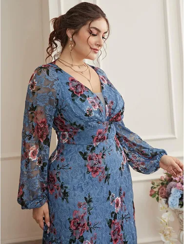 Vista 6 de TOLEEN Vestido de talla grande para mujer cuello en V bordado rosa elegante formal con malla
