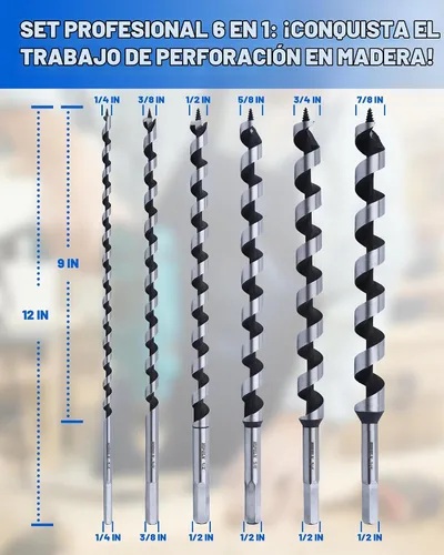 Vista 3 de Juego de brocas de taladro de 12 pulgadas para madera, 6 brocas largas de 1/4 a 7/8 pulgadas, brocas de punta de tornillo de alimentación automática