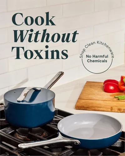Vista 2 de Juego Mini de Utensilios de Cocina Caraway - Sartén Antiadherente de Cerámica (1.05 qt, 8") Cacerola (1.75 qt) y Estante de Almacenamiento - No