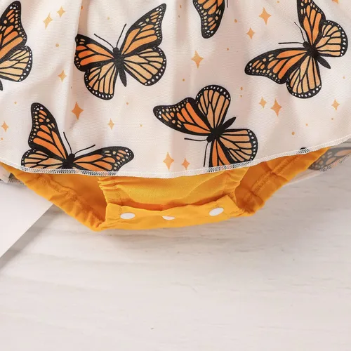 Vista 4 de Mameluco con estampado de manga mosca de encaje para niñas recién nacidas, conjunto de diadema para baile 2t (amarillo, 0-3 meses)