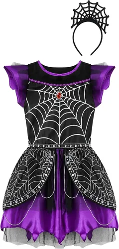 Vista 5 de Runhomal Disfraz de cosplay de Spider Queens para niñas y niñas, vestido tutú con gorro, disfraz de Halloween
