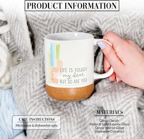 Vista 2 de Pavilion Gift Company - Life Is Tough - Taza de cerámica de 16 onzas con fondo esmaltado arenoso, patrón de rayas de acuarela, taza de café de mango