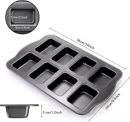 Vista 2 de Lawei Paquete de 2 mini moldes para pan de 8 cavidades, moldes pequeños antiadherentes para pan, moldes rectangulares de acero al carbono para pan