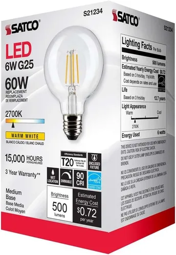 Vista 8 de Satco 6Pk 6w G25 Globo Filamento LED 2700K Base Mediana Regulable - 60W Equiv