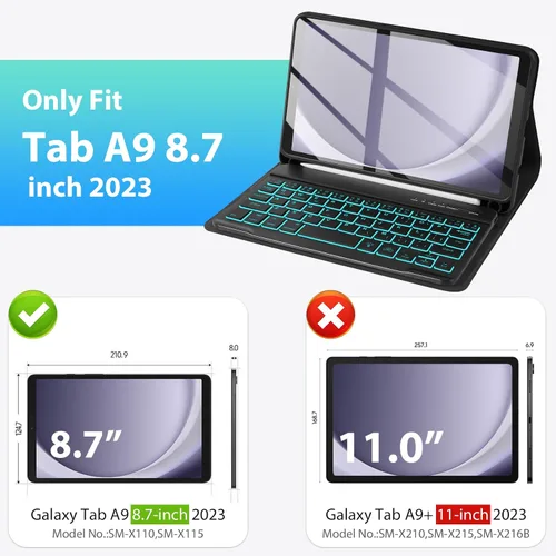 Vista 2 de Funda de teclado para Samsung Galaxy Tab A9 8.7" 2023, retroiluminación de 7 colores, funda de teclado inalámbrico desmontable con soporte para S