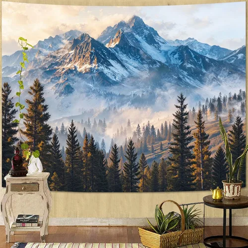 Vista 56 de Zussun Tapiz de Bosque Natural de Montaña Tapiz Verde de Pino Luz Solar Selva para Dormitorio Estético Planta Paisaje de Montaña Tapices Pequeños